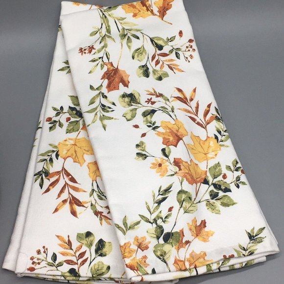 2 Shabby Chic Fall Leaves Terry Kitchen Towel Green Orange Yellow Rust Gold Foil - Picture 6 of 8